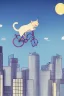 Placeholder: A pedaling cat riding a bicycle is flying at night in the sky over tall buildings.