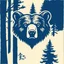 Placeholder: M shaped bear head combined with woods silhouette in backround, letterpress style block print with indigo ink on creamy paper texture, strong contrast