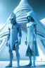 Placeholder: A standing Alien man and woman in the form of an ice-blue reptilian. Standing in an earth futuristic Pyramid City