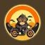 Placeholder: Monkey riding a mopped motorcycle with sunglasses and a big smile, have a mountain sunset on the background, make a round logo