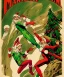 Placeholder: two elves. woman and man. Christmas scene. poster. marvel comic. low-key