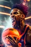 Placeholder: 8k, highly realistic and detailed image of a NBA basketball player in action dunking the ball in the net, sweaty hair, screaming look,action and smoke and flames background