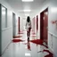 Placeholder: white hallway of a hospital where a brunette woman is covered in blood. The view is shocking, with parts of bodies scattered everywhere. The woman, with her eerie appearance and determined posture, conveys a sense of determination and strength in a context of destruction and desolation. The contrast between her blood-stained figure and the clinical environment of the corridor creates a powerful visual impact, hinting at a story filled with violence and conflict. Her presence, amidst debris and h