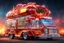 Placeholder: Futuristic crystal Clear glass food truck shaped like a firetruck, spacecraft hovercraft "5 Alarm Chili" food truck theme, surreal fantastical vehicle with the side open with an ordering window and food bar, elaborate, vibrant, fantastical hyperrealistic, maximalist, insanely detailed, concept art, nighttime, "5 ALARM CHILI" logo