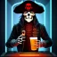 Placeholder: a cyberpunk hacker pirate captain skeleton holding a beer with a pirate hat sitting in front of a huge old crt monitor in a dark room , only light coming from crt monitor, highly detailed, intricate, digital art, trending on artstation, trending on cgsociety, by greg rutkowski