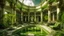 Placeholder: Empty swimming pool in an abandoned hotel, dry leaves piled up at the bottom, rusty sun loungers, neoclassical columns covered in moss, wild palm trees growing between the broken tiles, sky visible through the cracked glass roof, green and gold tones, dramatic lighting