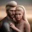 Placeholder: A photo realistic portrait of a stunning blonde girl and muscular dark haired man in a lovers embrace standing in front of a medieval castle