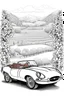 Placeholder: outline art for an adults coloring page, Vintage Jaguar E-Type Parked at a Vineyard , white background,detailed sketch style,no color , only use outline, clean art , white background, no shadows and clear well outlined,