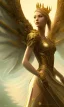 Placeholder: Female angel with beautiful perfect face big wings and golden crown floating above the ground in the dark enviroment, anatomically correct, michelangelo style, detailed, world of warcraft style, dark forest, trees, painting, brush strokes, 8k, dark forest in the background, epic scene, epic painting