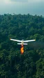 Placeholder: Small plane hovering above a jungle with big trees. Fire on the rear of the plane