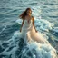 Placeholder: Born of the Ocean walking looking at camera that capture her front in Ocean Where the sea becomes a gown and every wave moves with her. A moment of gown in waves ,