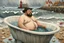 Placeholder: A fat man wearing a hat, is in a bath tub, by a light house, by andrea kowch, holding a umbrella, inspired by andrew wyeth. A rustic harbour, with ships docked is nearby. The Beach is covered with sea shells, crabs and lobsters.There are rain clouds and everything looks as if done in watercolors victo ngai, matisse, monet, catrin welz-stein, vladi