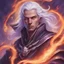 Placeholder: Generate a dungeons and dragons character portrait of a beautiful male warlock aasimar bound to a fiery devil. He has long silver-white hair. He has purple eyes. He has a youthful and rounder face. He is on a battlefield lit by flames.