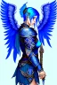 Placeholder: a person in runic armor with blue wings, blue short hair, runic tattoo and spell book