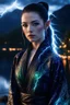 Placeholder: dark black eyes, pale skin, supermodel, lightning crackle around her body, female gorgeous elf, dark high ponytail hair, detailed glowing ornamental magical pattern robe, glowing gem crackling with lightning implanted on robe, 8k, high detail, lake background, midnight, facing viewer, front facing