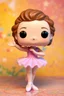 Placeholder: Funko Pop, very young female, medium soft curly soft brown hair, pink ballerina dress, dance pose, smiling, very happy, colorful background, allowing visibility of the figure, typography, 3D render.