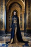 Placeholder: Gorgeous photography full body excellent pose Beautiful super model Iranian islamic hijab dressing Luxury colors black and gold crystal diamonds sapphire,colorful art conceptual, amazing artwork,close-up portrait,luxury Royal Palace background