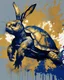 Placeholder: poster in two gradually, a one side Bunny darkblue and other side Turtle gold tones, painting by Yoji Shinkawa,