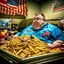 Placeholder: patriotic repulican super fat american eating a giant pile of fries in the emergency care room patient bed HD