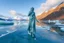Placeholder: in a frozen sea with pretty mountains a full lady statue in artist pose looking at camera, of transparrent ice that going to melt and water drops fall from all body.