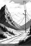 Placeholder: Give me a sketch of a mountain climbing route with signposts and electric light poles on both sides of the road