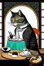 Placeholder: Cat, sitting at a table, eating sushi,perfect iris, ink and pencil, style Tintin