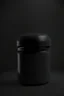 Placeholder: black container, plastic, realism, with screw lid, no labels, round container, view from the front, protein powder, dark studio setting, black background, body of the container is wider thand the top part