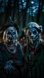 Placeholder: Halloween Cthulhu portrait of frozen Baba Yaga and her creepy sister, wearing the sickest makeup like the joker, full moon, in dark forest grove, down-light, shot on Hasselblad h6d-400c, zeiss prime lens, bokeh like f/0.8, tilt-shift lens 8k, high detail, smooth render, down-light, unreal engine, prize winning