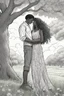Placeholder: create a coloring page An illustration of a young heterosexual black couple standing under the shade of a towering oak tree, eyes closed and foreheads pressed together affectionately. The woman has long, curly hair that blows lightly in the breeze. She wears a floral sundress and holds her partner's hands tenderly. The background shows a sunny park with green grass, wildflowers, trees, and a pond. No shading, no color, No gray, clean lines and white back ground