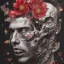 Placeholder: portrait of man with an exploding flower and butterflies inside his face, highly detailed black and white with red accents, oil painting.