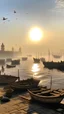 Placeholder: Qaitbay Citadel in Alexandria, fishermen’s boats anchored around it, fishermen putting fishing nets on their boats, fog covering the place, the moment the sun rises