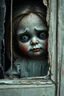 Placeholder: Forgotten doll. sad, scary, peeling. looking into a dried-out old window. sketched in one line bright scary close-up high detail high resolution macro photography