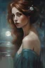 Placeholder: Amanda Lee as Luna The Goddess from the back Oil on canvas, auburn hair, Jeremy Mann. Haze, painterly. Detailed eyes, symmetrical eyelids, round perfect pupils, parted glossy lips, glam makeup. soft features, breathtaking, highly detailed. Perfect face, perfect nose. perfect lips, detailed, hair highlighting, volumetric lighting of the face, chiaroscuro, masterpiece, oil on canvas, alluring, expressive, smoke, oil painting, palette and strokes, jamie wyeth james gilleard edward hopper