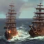 Placeholder: Their pirate ships fight each other at sea. Firing cannons.