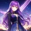 Placeholder: girl, masterpiece, best quality, volumetric lighting, detailed outfit, perfect eyes, long hair, purple hair, golden eyes, landscape, reflective water, shooting stars, night, fireflies, smile,