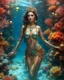 Placeholder: Fullbody excellent pose gorgeous photography art,cinematic realistic colors,soft blur ,natural beauty, of young woman, smiling, beautiful, shiny grey eyes, make up,Queen Persian style, shiny baubles, ornate, large gemstones, shiny molten metalics, shiny wire filigree, brown hair, high definition, walk in She Walk in An underwater scene teeming with colorful coral, full many clownfish, and gentle sea turtle