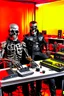 Placeholder: A fire starts in a radio studio, a Terminator T800 drums, a radio host of a hard rock show plays guitar, the host wears a gas mask and a black Iron Maiden shirt.