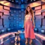 Placeholder: make a picture pretty stage made of metallic blue-gray teme 3d recursive cubic and sphere and cylinder base structures and a beautiful fashion model lady standing with cute in scene with sexy top and pretty pleated midi skirt ,makeup curvy long hair,dynamic camera zoom to full body and pan, dynamic lights.