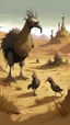 Placeholder: a big and wild ostrich and wolfs in the forgotten desert in medieval times, in anime style Bosch nightmares