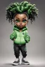 Placeholder: Create an airbrush image of a curvy chibi cartoon black female wearing a light green jogger set and black sneakers. Prominent make up with hazel eyes. Extremely highly detailed of messing curly bun