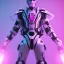 Placeholder: handsome, cute man, handsome man in futuristic suits, black and white highlight hair color, pink and purple background, pink lighting, deep purple backlighting, gun, smoke, robot suits