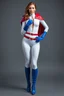 Placeholder: wearing an extremely, extra short, skintight, formfitting long-sleeved, white bodysuit with a high collar and a plunging neckline, blue elbow-length gloves, a red belt with a gold belt buckle, a red cape, knee-high blue boots