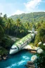 Placeholder: An airplane crashed covers a green leaves among relict trees, tropical forest in some places covered with ivy, beautiful white roses, around blue beautiful river fantasy, photo