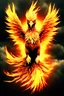 Placeholder: Create a ultra high definition and photorealistic image, 12k quality of a beautiful phoenix, majestic and strength showing, emphasis on texturized claws, upclose with a front view flying towards the camera, centre of an explosive and chaotic background scene of Armageddon where he is followed by demon like dark clouds in persuit trying to grab him, phoenix has striking eyes and determined look, majestic wings folded inwards in flight, bright auburn, black, white, grey and yellow colours, gothic