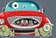 Placeholder: whimsical cartoon car with big eyes and its front grill forming a friendly smile, with a mouse character riding on it.