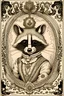 Placeholder: raccoon in a western outfit, pencil drawing, emphasize emotion and realism, Walt Disney style, surrounded by ornate wood rococo frame with 1 inch of negative space on all sides