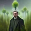 Placeholder: portrait of holy scientist in coat ,cell towers overgrown with trees and vegetation, spray paint art, book illustration, 4k, high detail