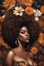 Placeholder: Create a aexpressionism art image of a curvy black female wearing a brown off the shoulder blouse, and she is looking down with Prominent makeup. Highly detailed tightly curly black afro. Background of large brown and black flowers surrounding her