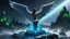 Placeholder: angel with a wings siting on the blue monolith made of blue tiberium crystals of lights, matrix universe, planets on the back grounds, green crystals of tiberium on the life and right
