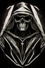 Placeholder: vinyl art toy skull head robot in a black hooded cloak drawn in a retro mascot style, inside a light diamond shape on a black background, monochromatic